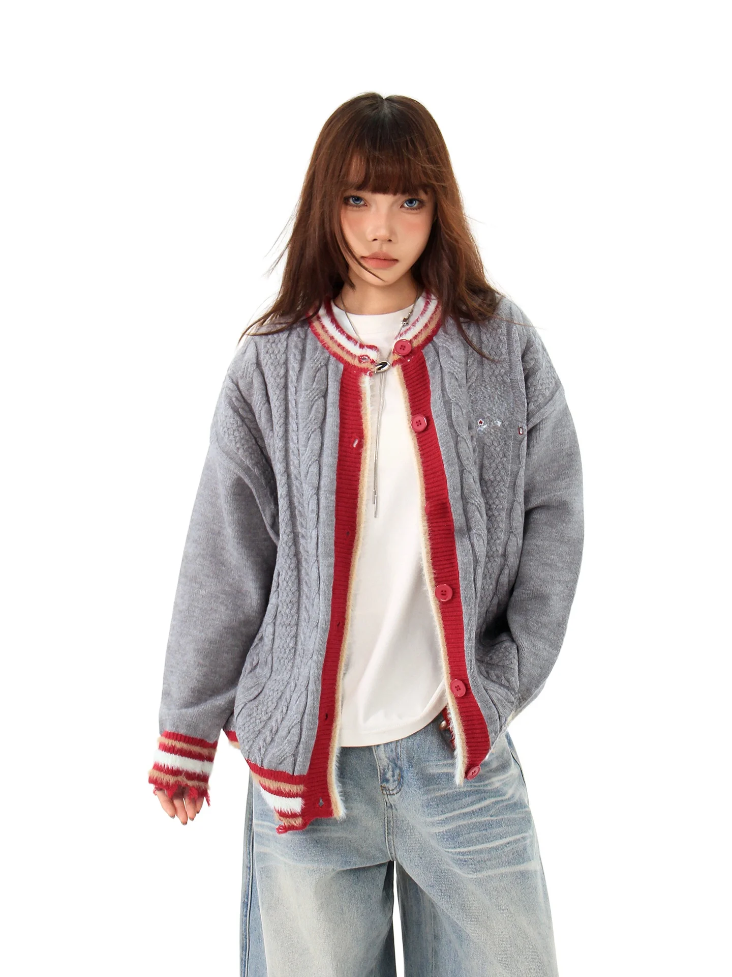 

Hygge Chen American Retro College Sle Color Blo Open Cardigan Sweater ex Autumn Winter Lazy Knitted Outerwear