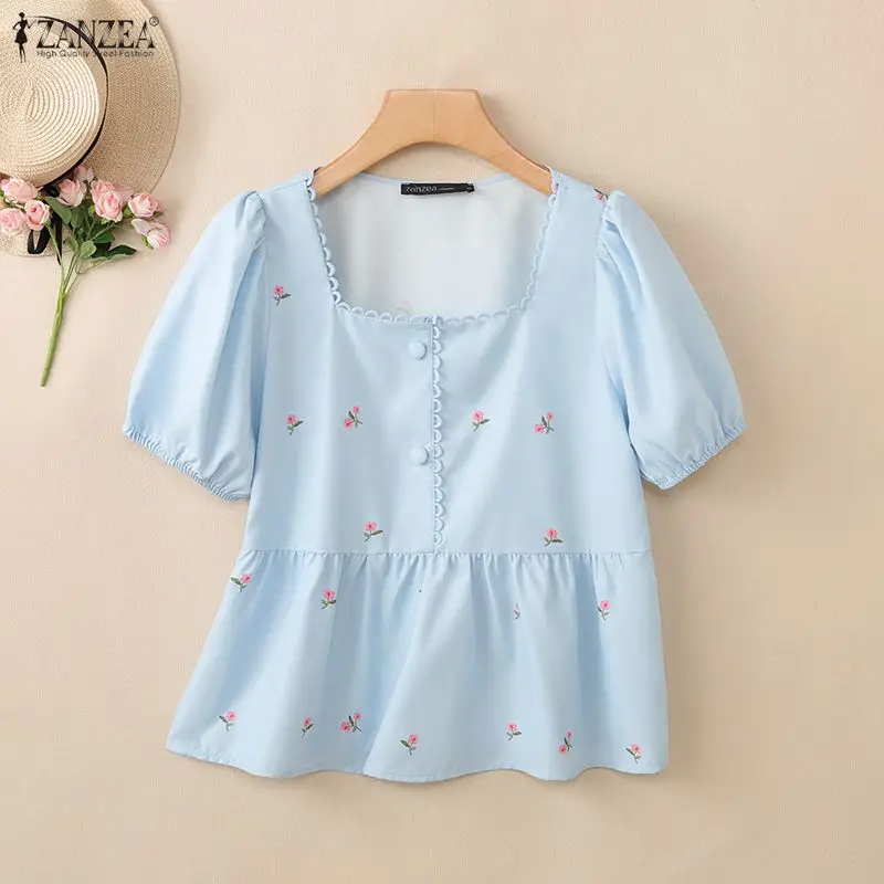

ZANZEA Women Korean Style Floral Print Blouses Lace-Trim Square Neck Short Puff Sleeve Peplum Tops Summer Causal Blusas de Mujer
