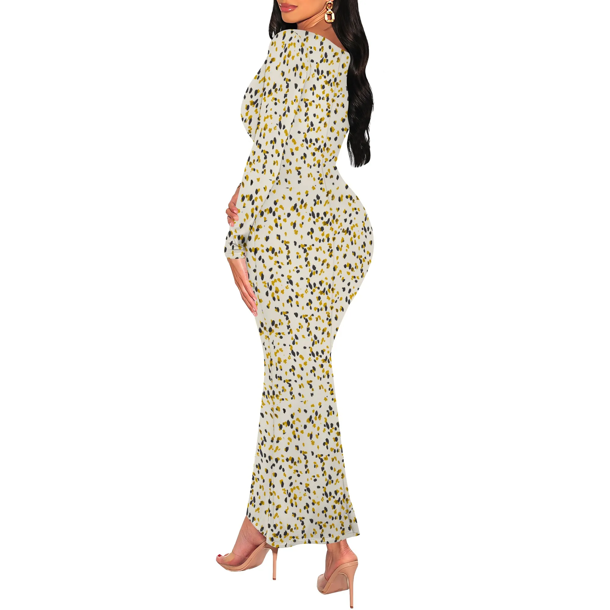 Abito lungo maxi aderente da donna a maniche lunghe con scollo quadrato
