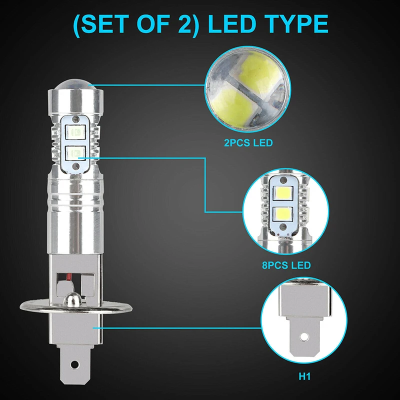 Bombillas LED para faros delanteros de coche y motocicleta, luz superbrillante de 6000K, H1, 2 piezas