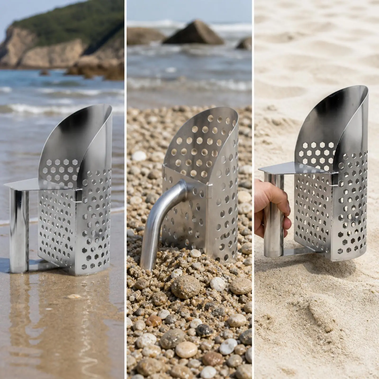 Heavy Duty Stainless Steel Sand Shovel Sifter for Beach Treasure Hunting with Smooth Edge Handle for Outdoor Use