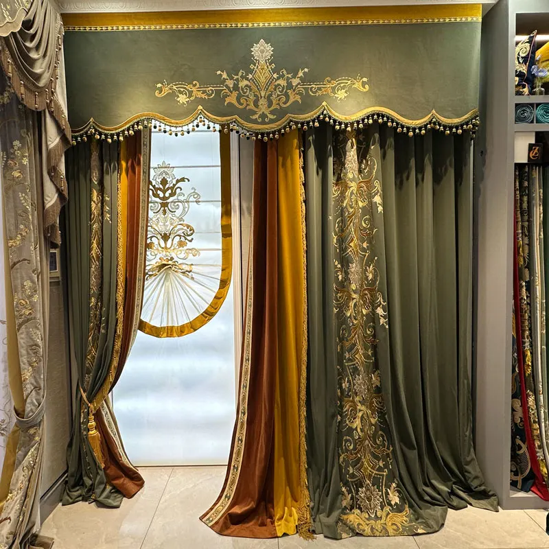 Custom European luxury high villa thick Velvet retro livingroom embroidered cloth blackout curtain tulle valance drape M1741