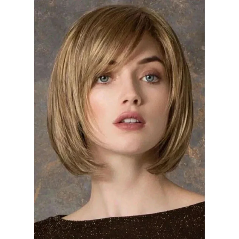 

100% Human Hair New Fashion Charm Women's Medium Blond Brown Straight Wigs 12 In