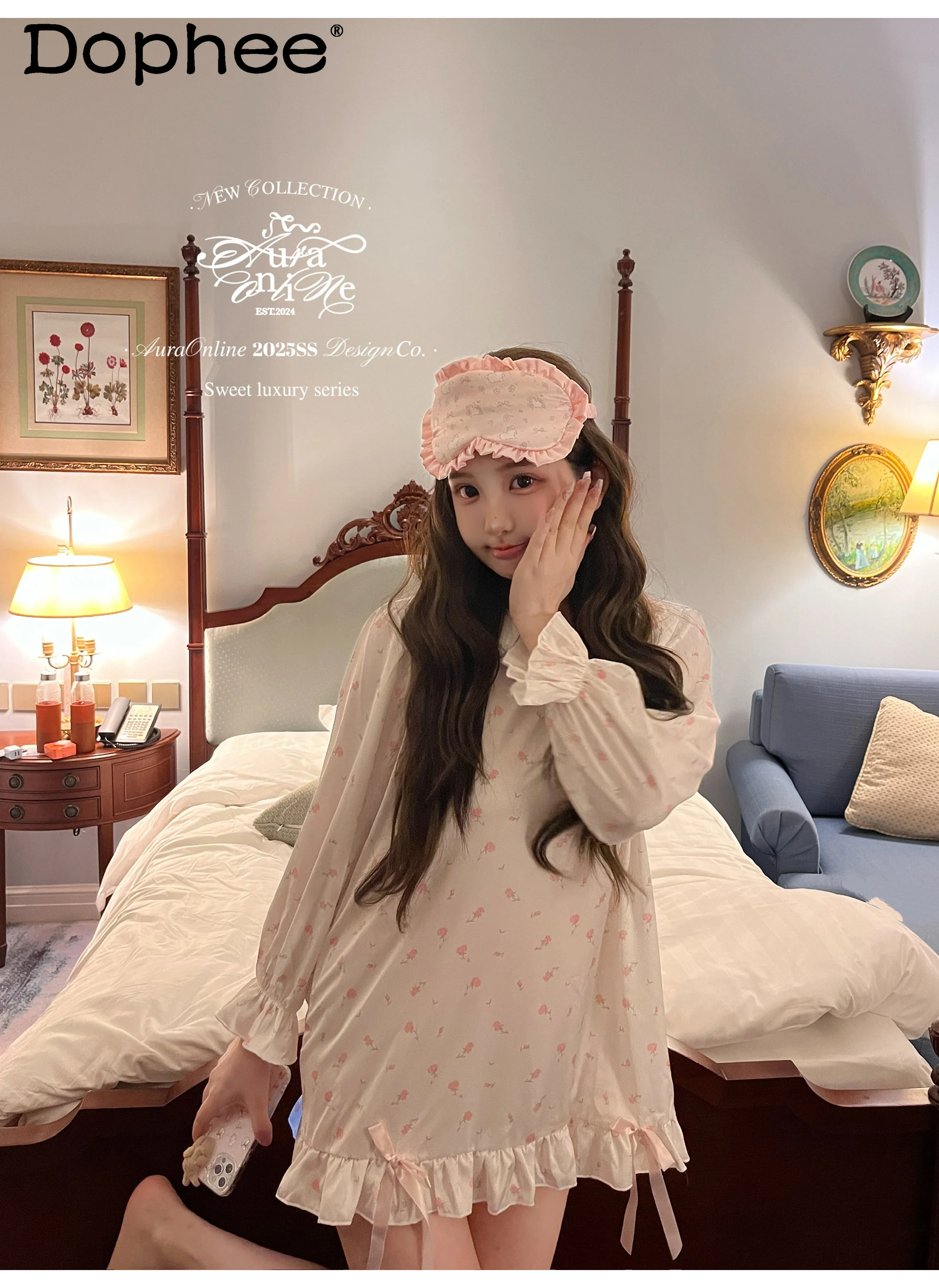 Original French Style Gentle Sweet Girl Ins Floral Long Sleeve Nightdress Turn-down Collar Cartoon Cute Casual Loose  Homewear