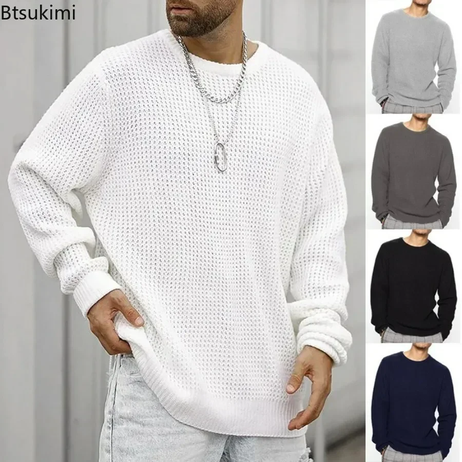 New 2024 Men\'s Knitted Sweater Top Autumn Winter Fashion Solid Color Loose Pullover Men\'s Casual Long Sleeve Round Neck Sweater