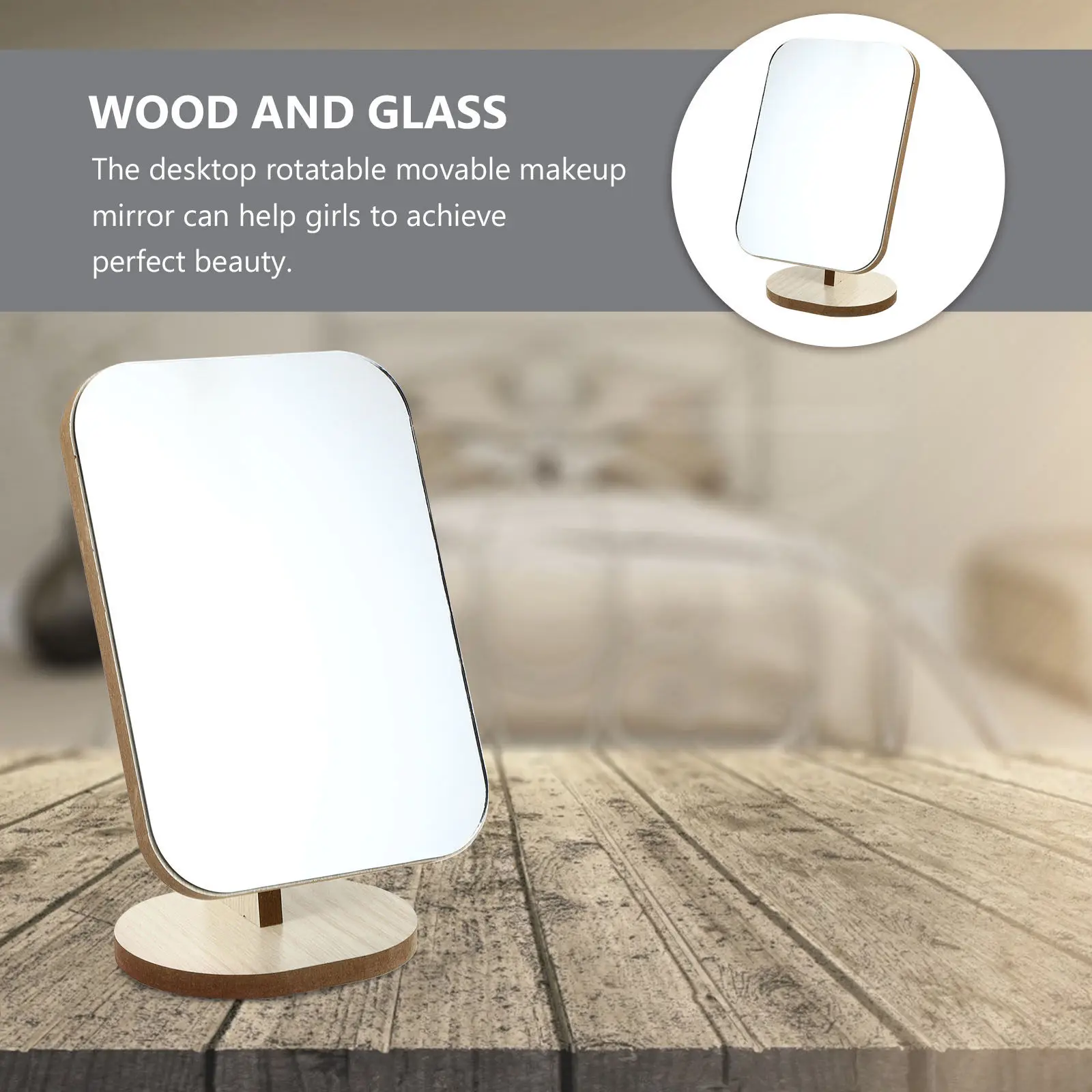 1Pcs Simple Mirror Rotatable Desktop Design Premium Wood and Glass Construction Smooth Finish Clear Reflection Portable
