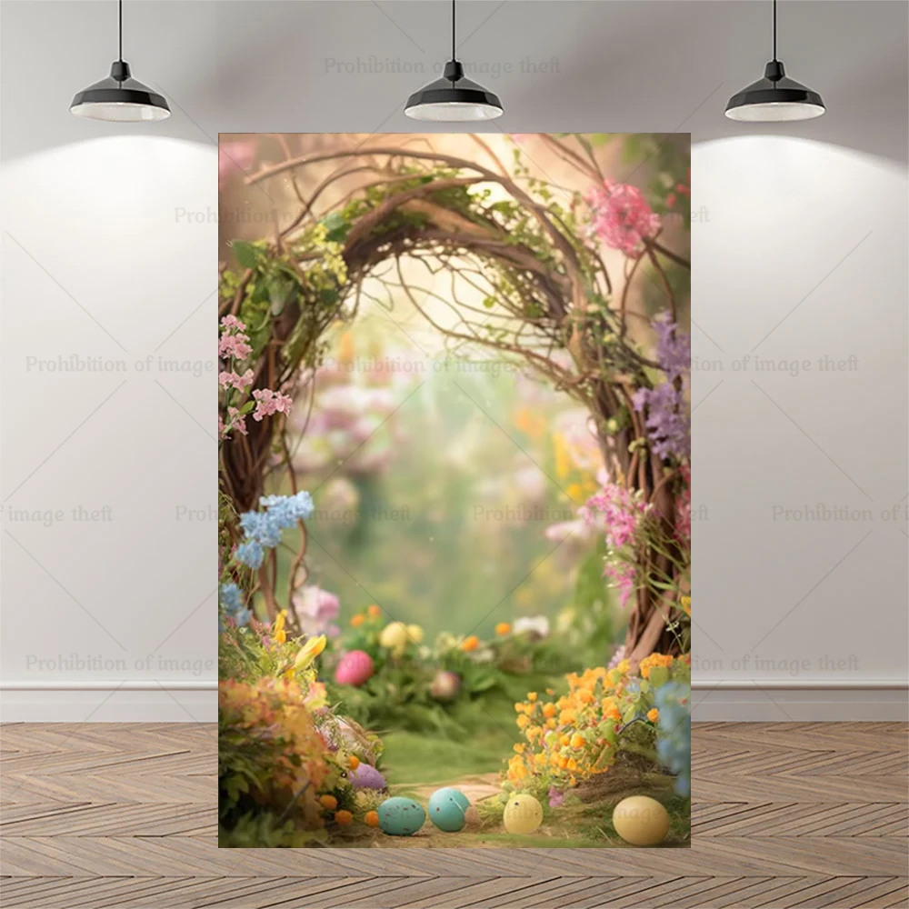 Easter Fantasy Theme Background Green Arches Path Colorful Eggs Party Decoration Children Portrait Gift Banner Shooting Prop
