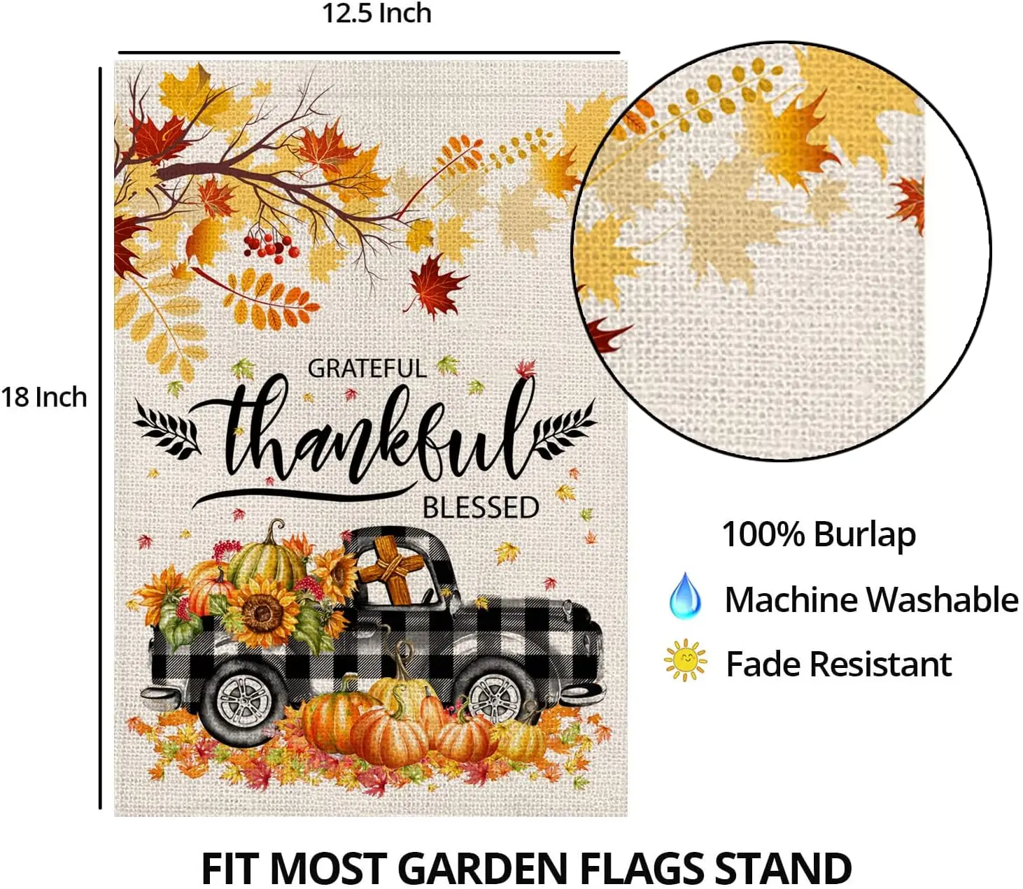 Thanksgiving Fall Garden Flag 12x18 Double Sided,Thankful Grateful Blessed Buffalo Plaid Truck with Pumpkins Maple Leaves Yard F