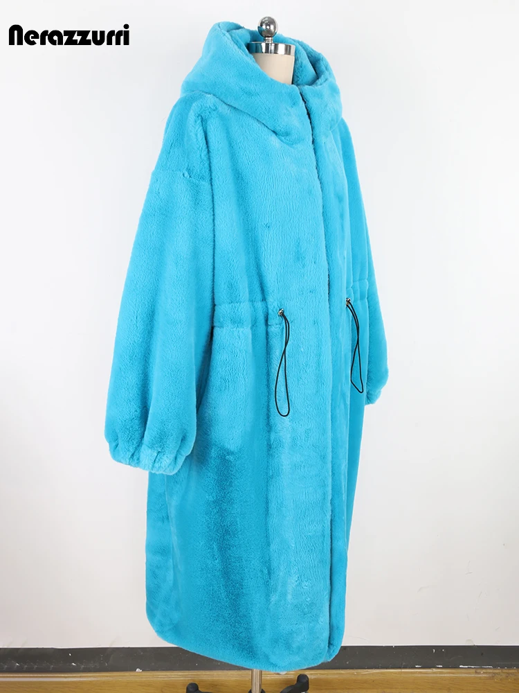 Nerazzurri Winter Long Oversized Thick Warm Soft Fluffy Faux Fur Coat Women with Hood Drawstring Waist Zip Up Korean Fashion