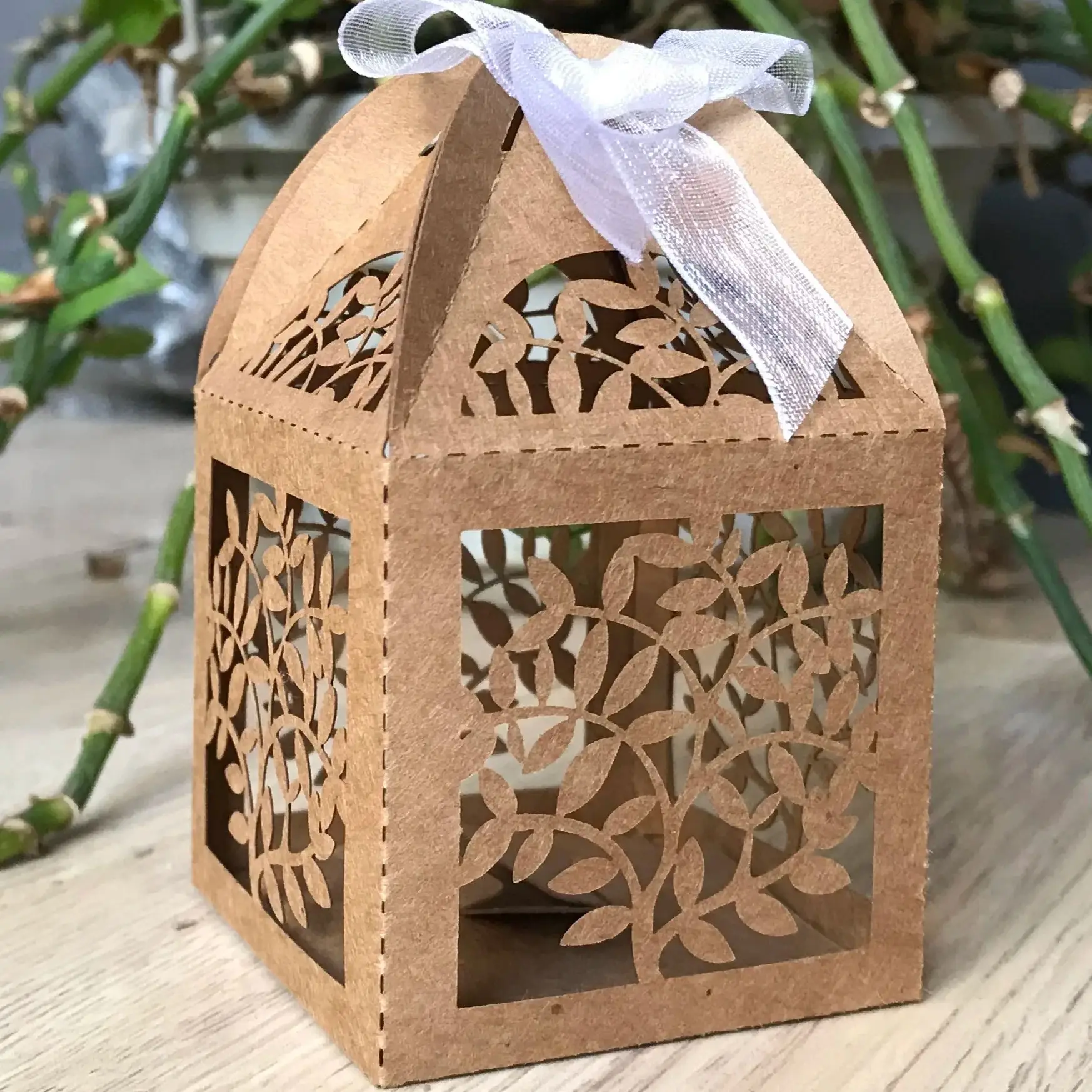 10pcs 2.36*2.36*3.74'' kraft Paper Brown Laser Cut wedding Favor Boxes,Cupcake Box,Candle Boxes with Ribbon for Party Decoration