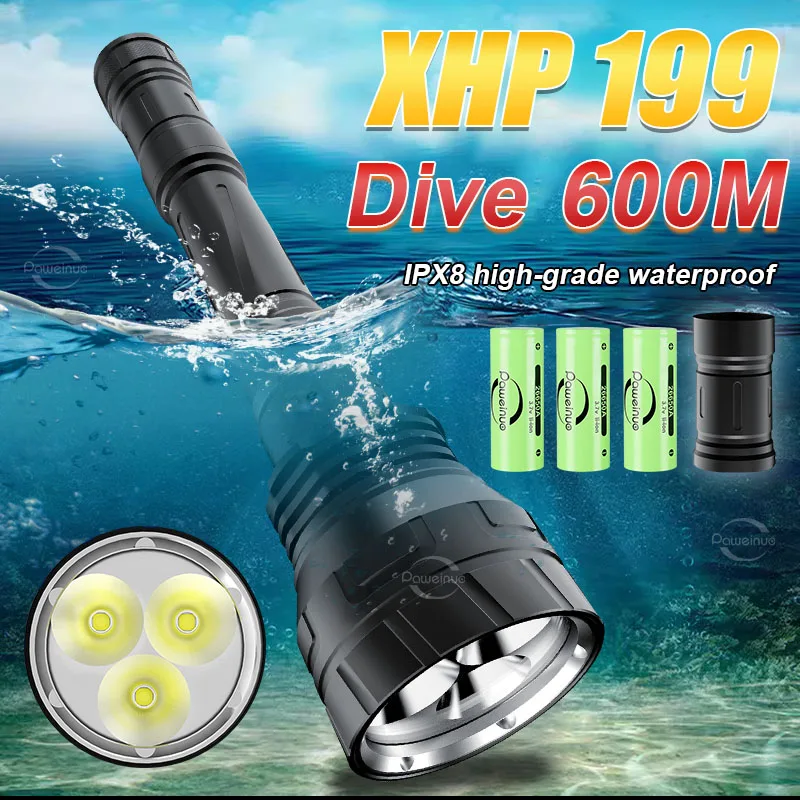 

Most Powerful XHP199 Diving Flashlight Professional Scuba Diving Torch IPX8 Waterproof High Power LED Flashlight Underwater Lamp