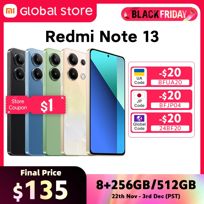 Global Version Xiaomi Redmi Note 13 Smartphone Snapdragon 685 108MP Camera 6.67" FHD+ AMOLED display 33W fast charge 120Hz 1,000+ sold302,266.22Save 129,534.46Free shippingXiaomi Mi - Global StoreSee