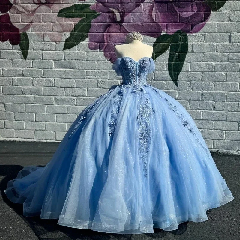 

Gillter Sky Blue Sexy Backless Ball Gown Quinceanera Dresses Appliques Lace Beads Off the Shoulder Tull Corset Sweet 16 Vestido