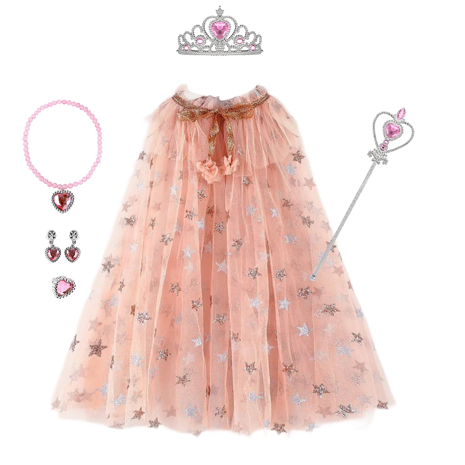 Girl Princess Costume Kids Party Accessories Cloak Crown Wand Necklace Earrings Rings Set Elsa Anna Rapunzel Aurora Tulle Cape