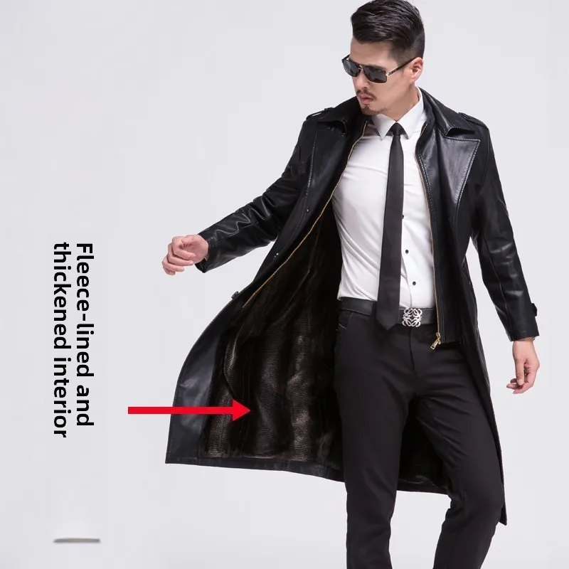 

2026 Fall Winter Men's Long Leather Trench Coat - Genuine Sheepskin, Lapel Design, Trendy Outerwear for Middle-Aged