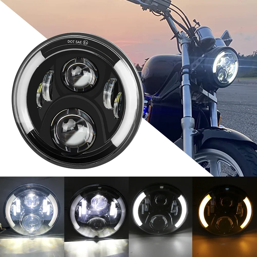 Moto 7 pollici Faro A LED 7 "LED DRL H4 Halo Anello Ambra Segnale di Girata Faro Per JeepJK TJ Touring Lada 4x4 Yamaha Niva