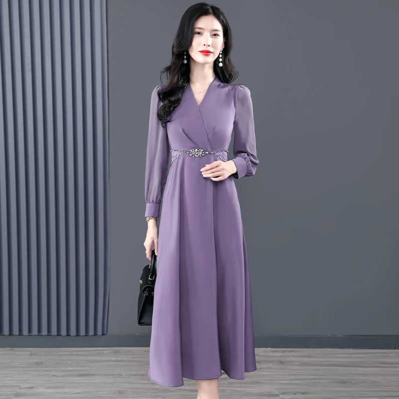 2025 비딩 실크 새틴 시크 미디 드레스 여성용 긴 소매 브이넥 우아한 베스티도스 가을 겨울 한국 패션 럭셔리 드레스