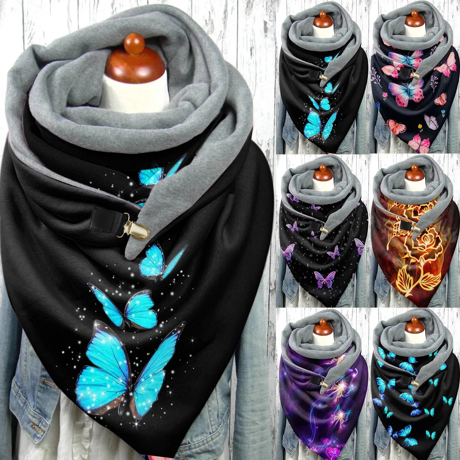 Autumn Winter Woman Scarf Universal Autumn Warm Batterfly Print Double-layer Buckle Scarves Outdoors Warm shawl foulard