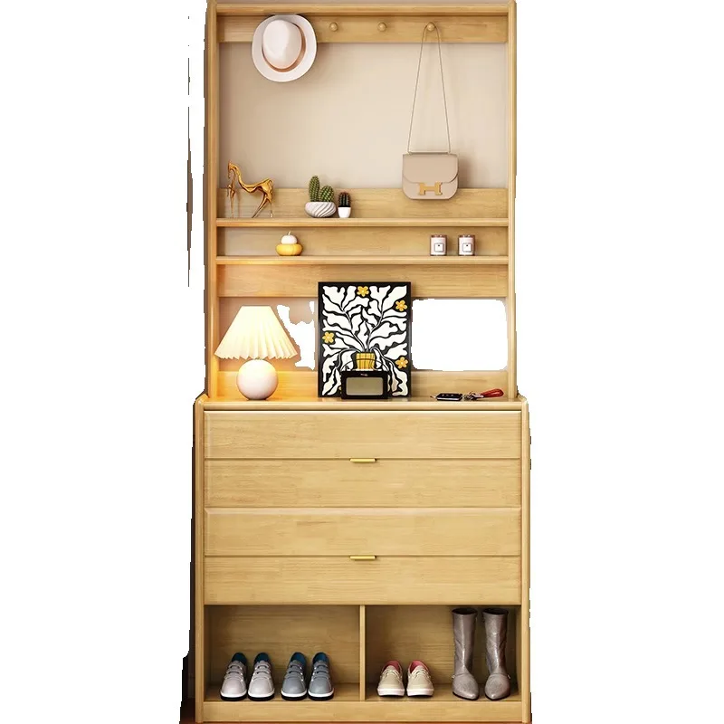 

Black solid wood shoe cabinet, integrated household entry shoes, storage against the wall, integrated small apartment in the