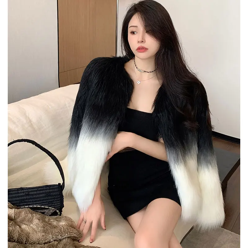 Autumn Gradual Color Faux Fox Fur Woman Coat Chic Fashion Winter Furry Cardigan Fleece Tops Jacket Coat Party Club Outfit 2023