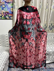 Muslim Silk Abayas For Women 2023 Summer Floral Printed Pattern African Nigeria Islam Loose Evening Party Dresses With Turban