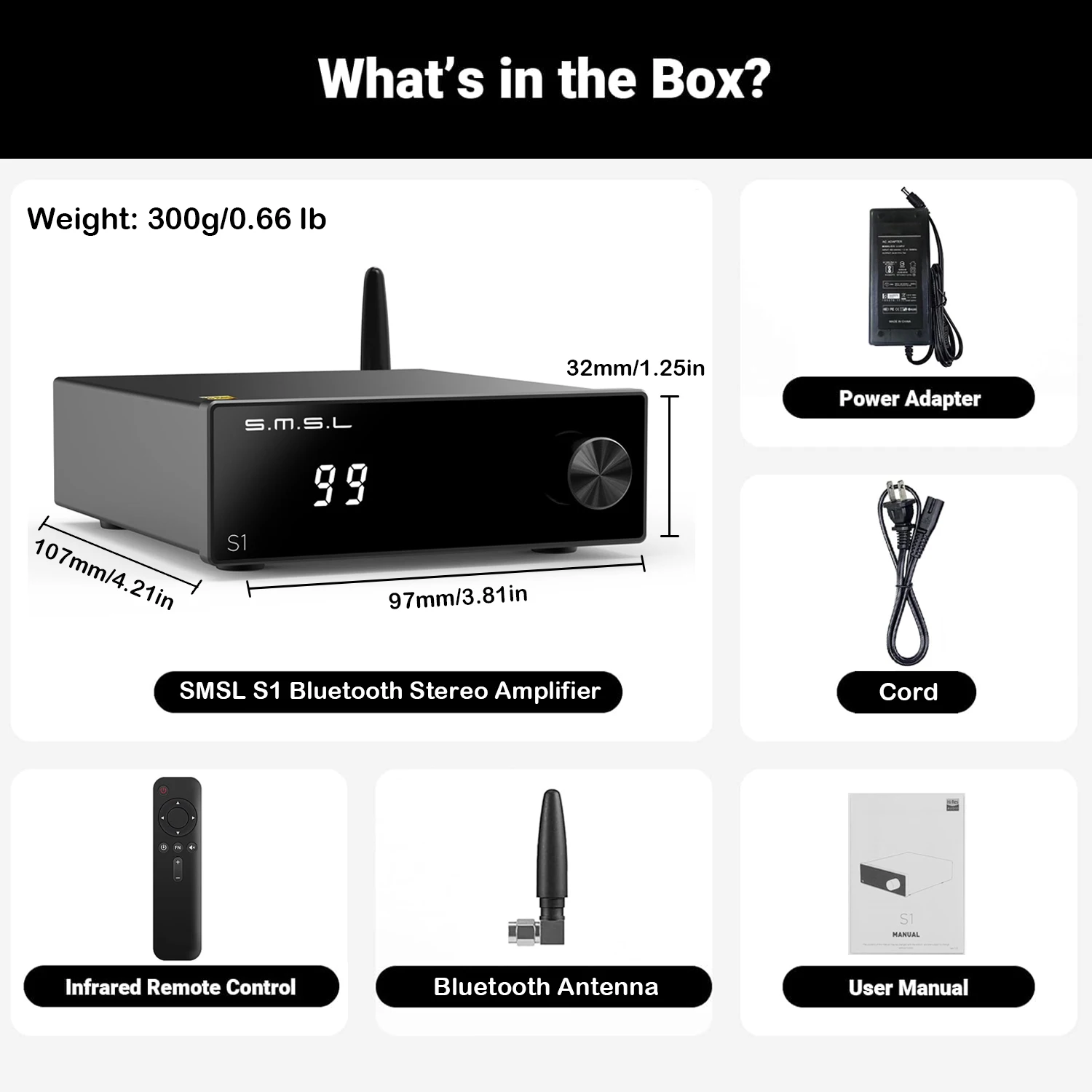 SMSL S1 HiFi Audio Amplifier Portable Amp Chip TPA3116*2 100Wx2 Mini D AMP Receiver Support Bluetooth 5.0 With Remote control