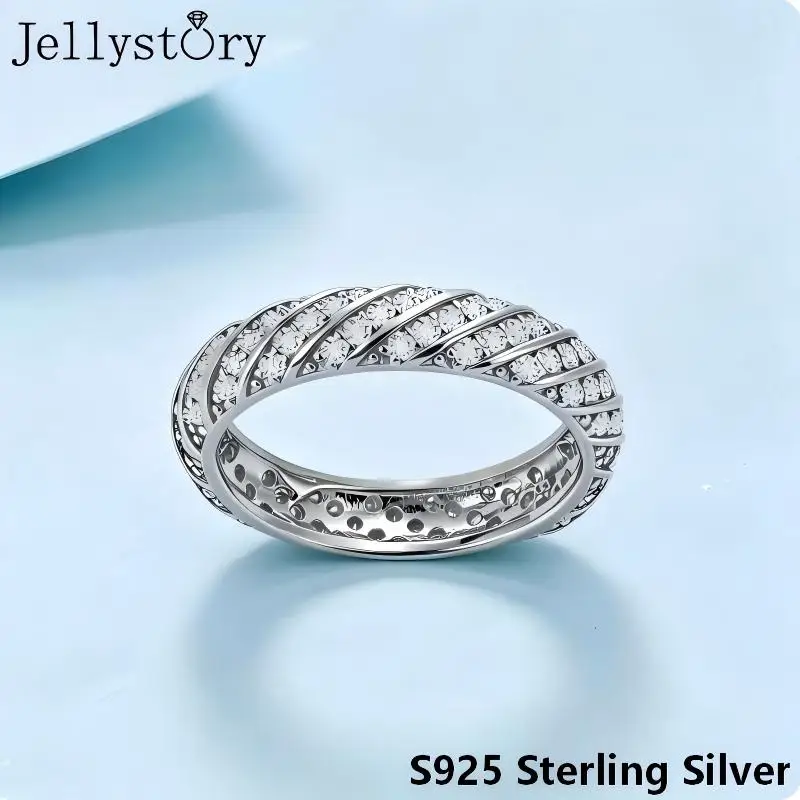 JellyStory S925 Silver Threaded Band, Full Inlaid Moissanite Minimalist Design, Cool and Elegant Jewelry for Daily Wear