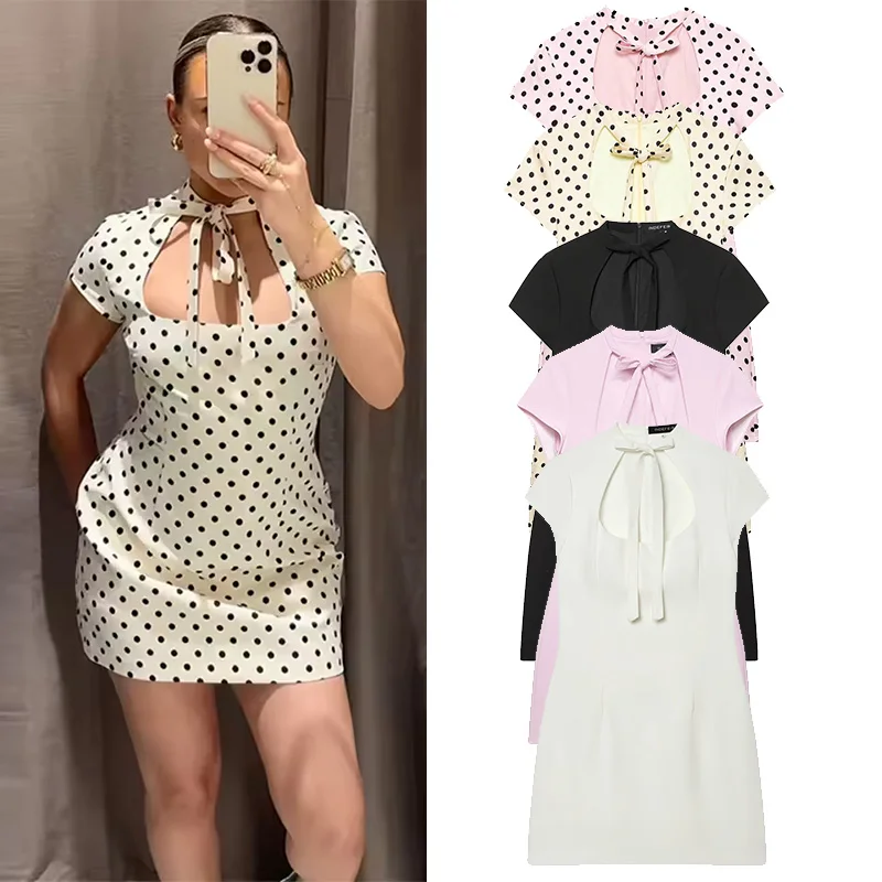 

Women's Short Dress with Bow Detail New 2026 Summer O-Neck Short Sleeve Side Zipper Women Dress Simple Female Chic Dresses