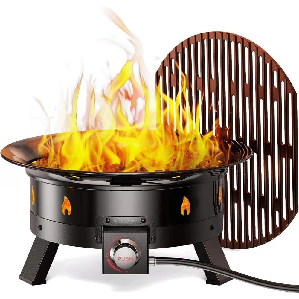 

19 Inch Outdoor Propane Fire Pit with Grill, Folding Legs, Hose Hooks, Tank Holder, and Cover