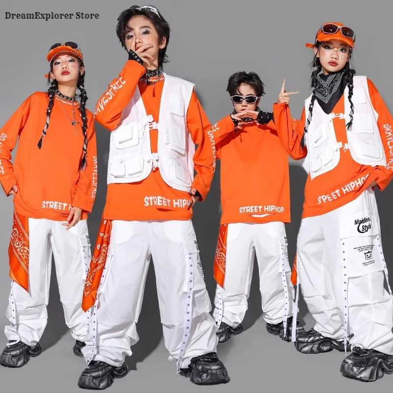 

Однотонный свитшот в стиле хип-хоп для мальчиков, жилет, штаны-карго для уличных танцев, костюм-карго для девочек K-pop, джазовый костюм, комплекты детской одежды, уличная одежда для детей-подростков