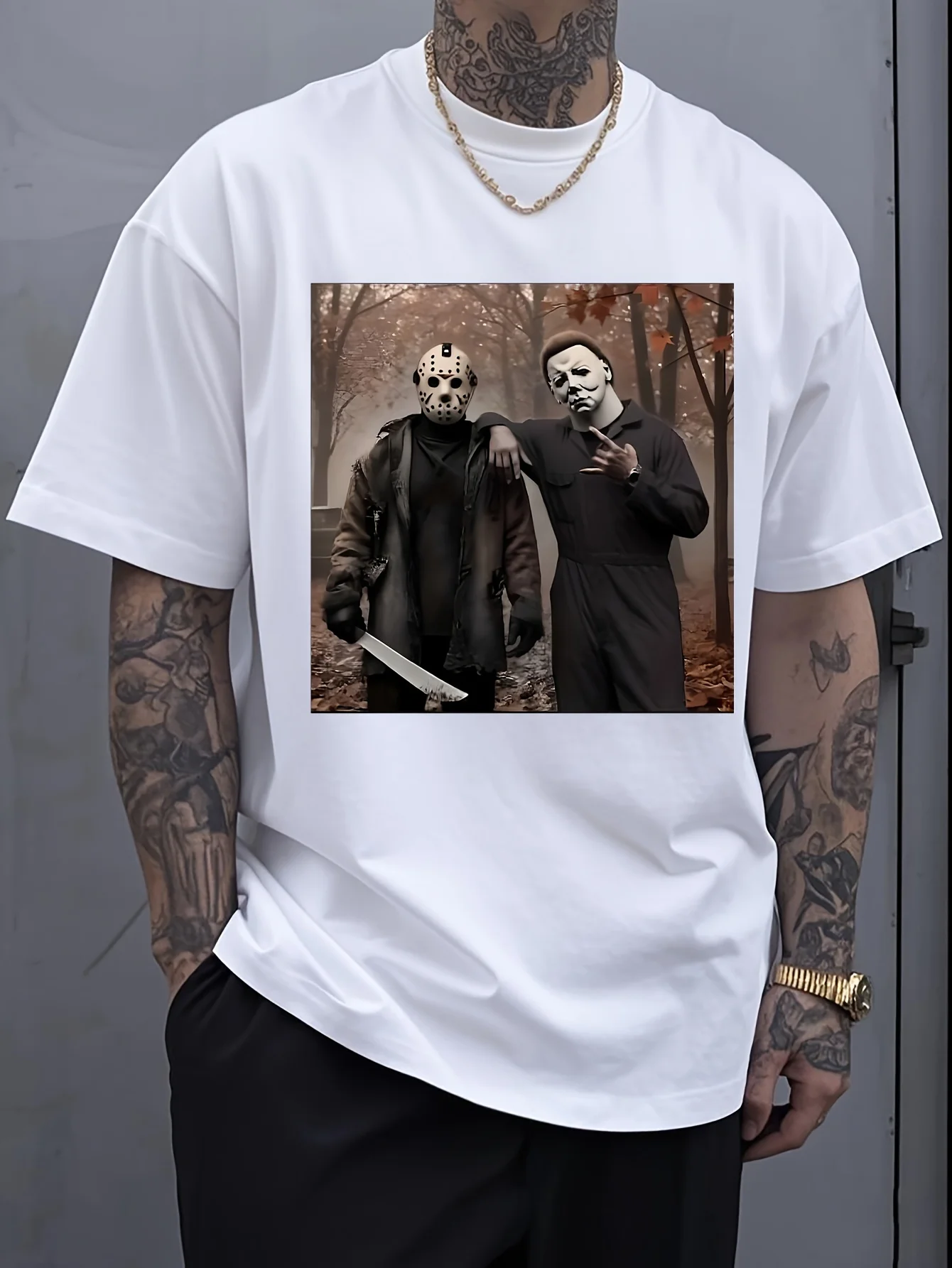 

Men's Graphic T-Shirt Black Horror Icons Print, Soft Breathable Cotton Tee for Everyday Halloween Outfits Casual Crewneck Shirt