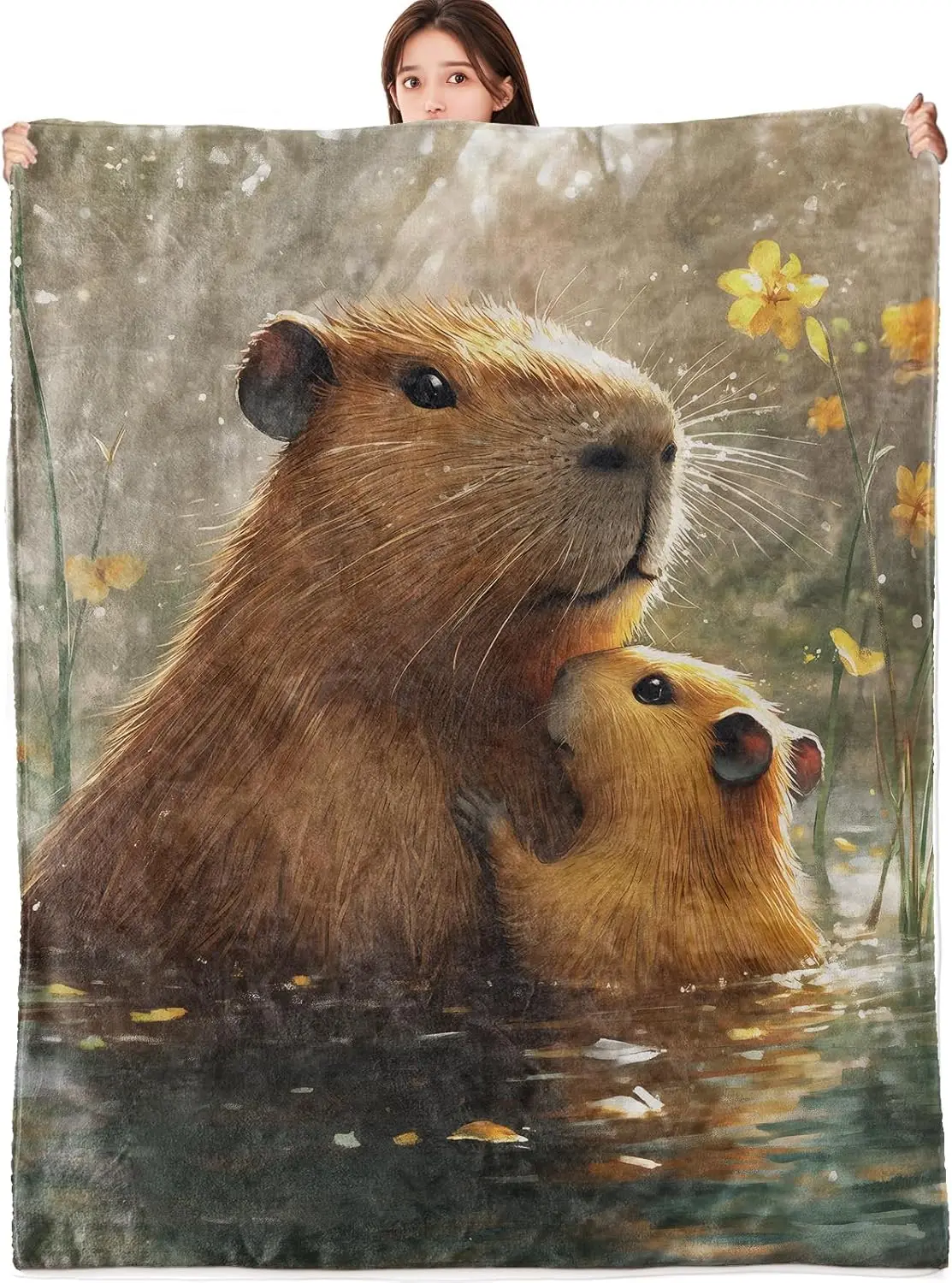 Cute Capybara Blanket Lightweight Flannel Blankets Gifts for Animal Lovers with Sunshine and Flower in Pond Printed Throw Couch