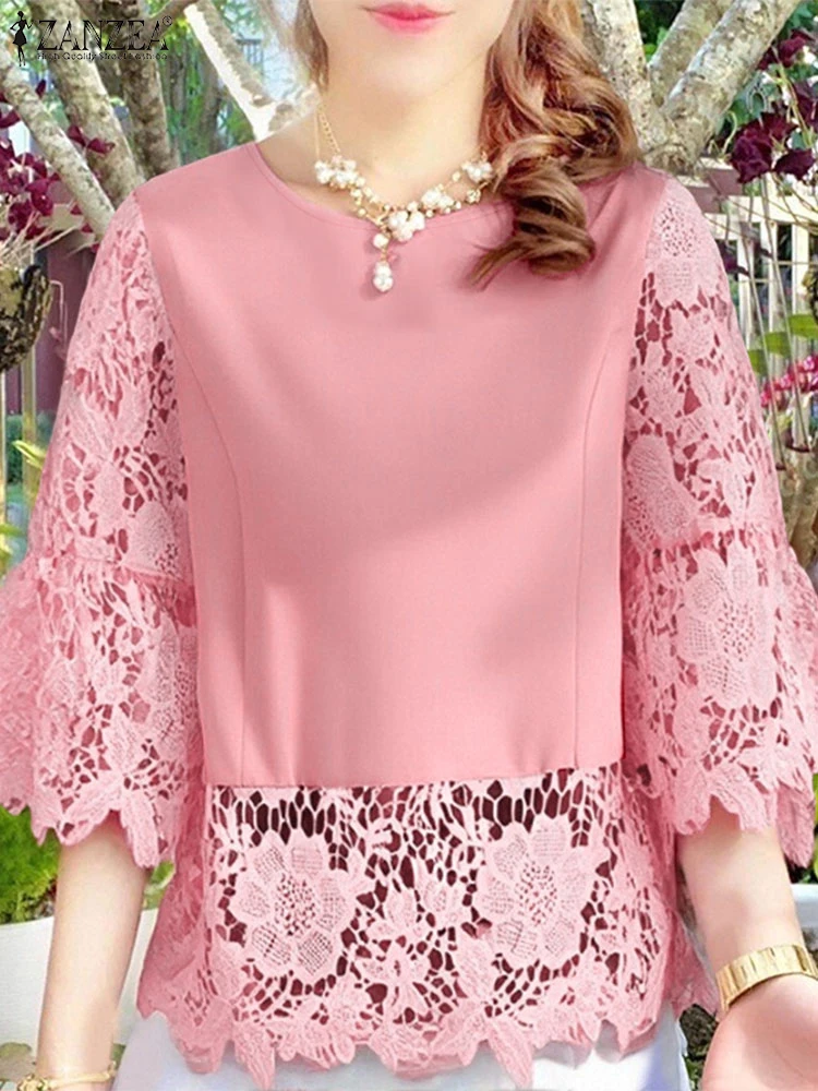 

ZANZEA Woman Lace Patchwork Blouses 2025 Summer Vacation O-Neck 3/4 Sleeve Hollow Out Blusas Mujer Elegant Women Tunic Tops