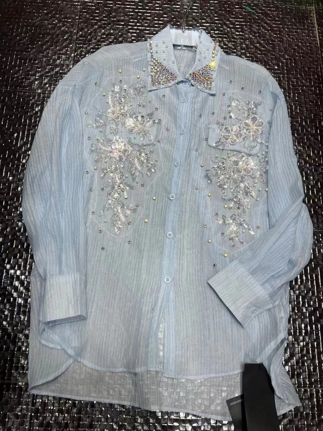 Oversized Mid-length Shirts Blouses Exquisite Sparking Sequined Beaded Diamonds Women 2024 Spring Summer Long Sleeve Tops Blusas