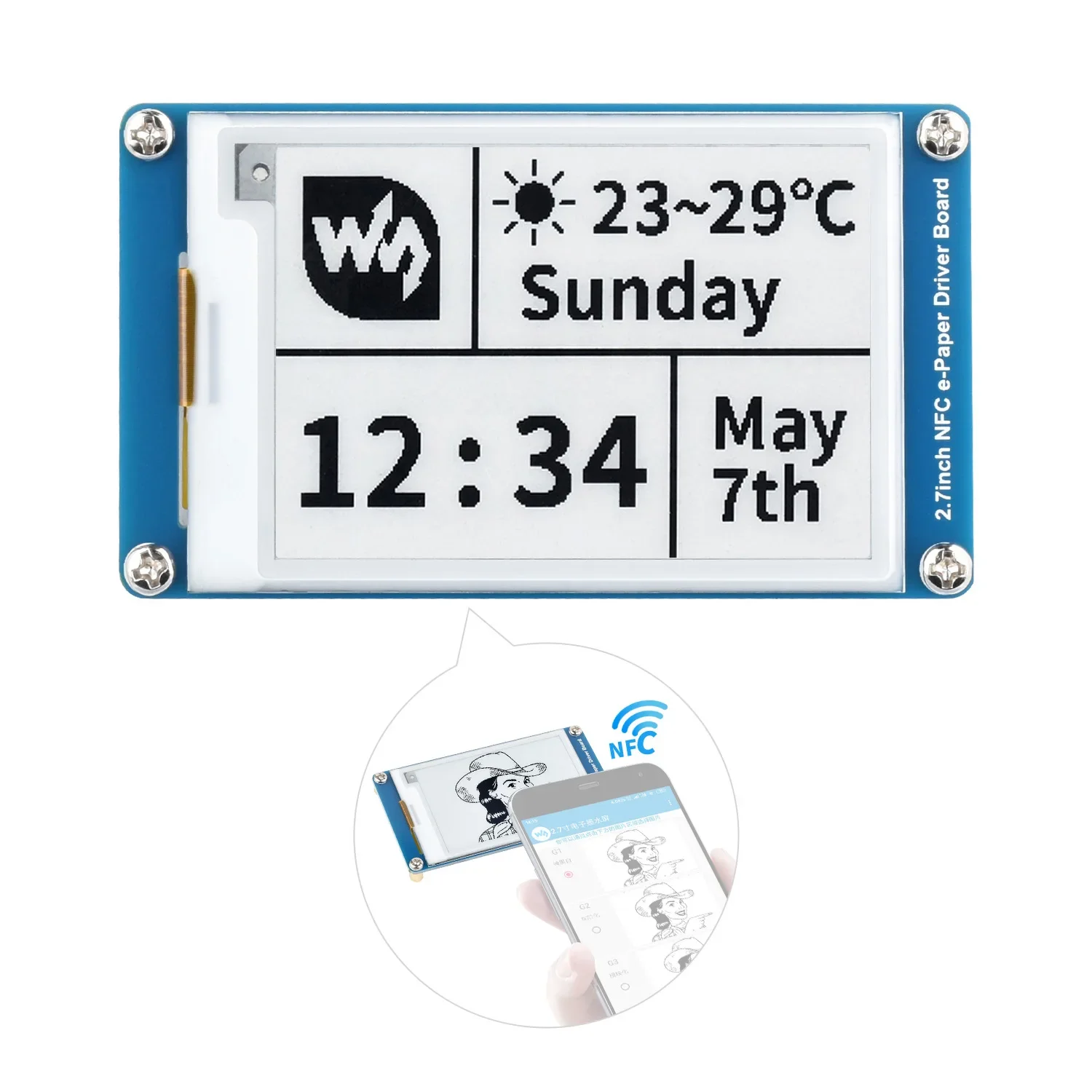 Waveshare 2.7inch Passive NFC Powered E Paper Module Black and White Display Colors No Battery Required