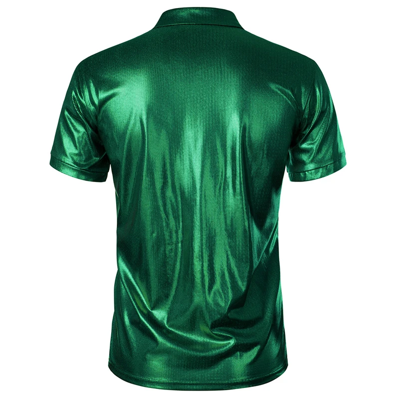 Mens Green Metallic Short Sleeve Polo Shirts 2024 Brand New 70s Disco Nightclub Party Tshirts Turn Down Collar Polos Para Hombre