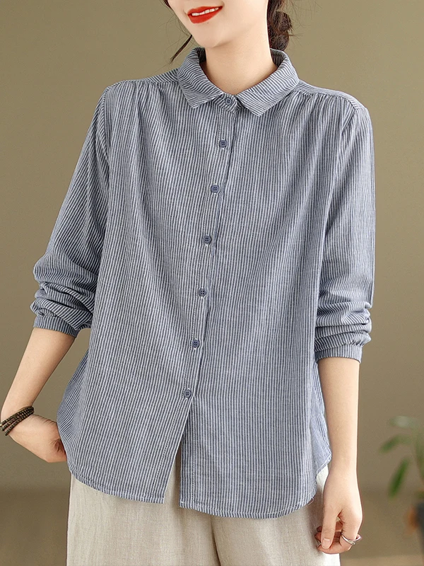 

Весна 2026, двухслойный хлопковый длинный све irt, большой размер, женский полосатый винтажный воротник-стойка, повседневный топ для поездок на работу