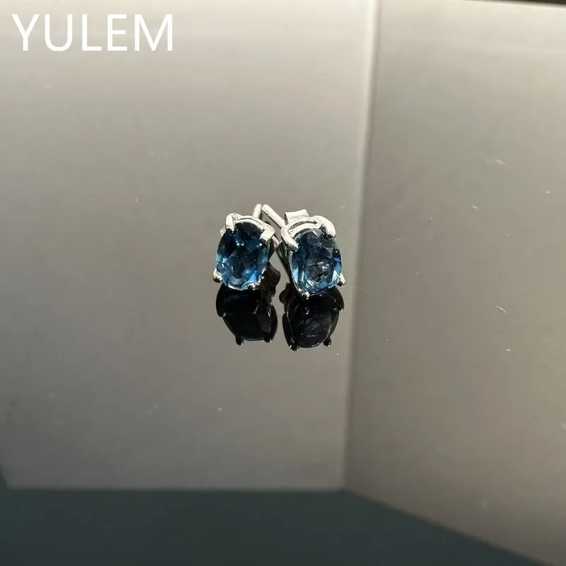 YULEM Classic 925 Silver 4X6MM Natural London Blue Topaz Simple Four Claw Design for Women Daily Wear