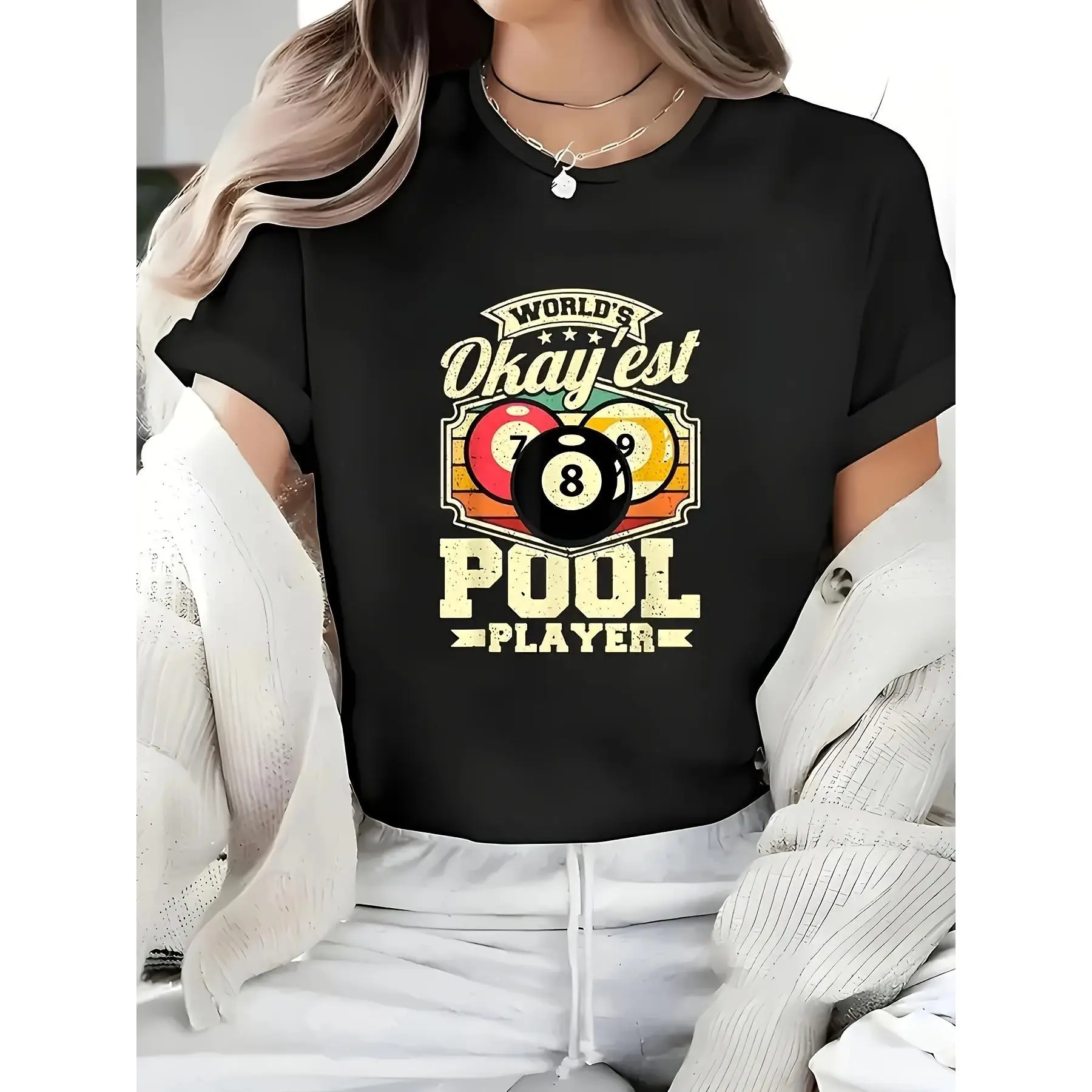 

New Unisex ''World's Okayest Pool Player'' T-Shirt, Funny Billiards Lover Gift, Retro 8-Ball Graphic Tee Top