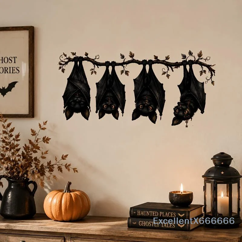 1pc Halloween Hanging Bats Window Sticker | Black Witch Bat Branch Wall Decal | Removable High Quality Home Decor For Window, Do