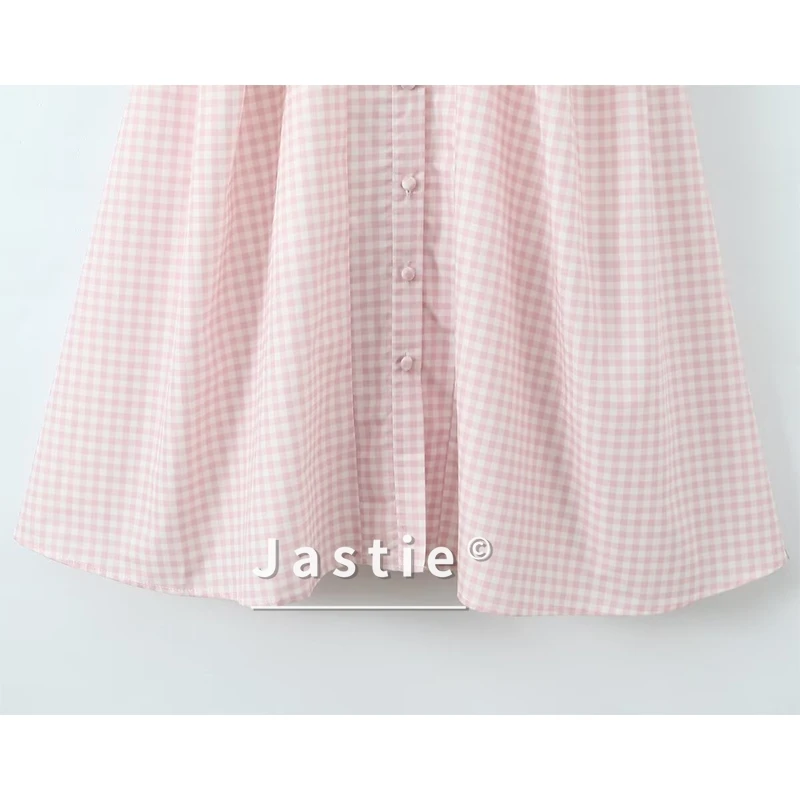 優しいエレガントなライトピンクの格子縞ドレス新しい 2026 美しい女の子フロントボタンサマーパーティードレスボヘミアンカジュアルビーチ女性 Vestido