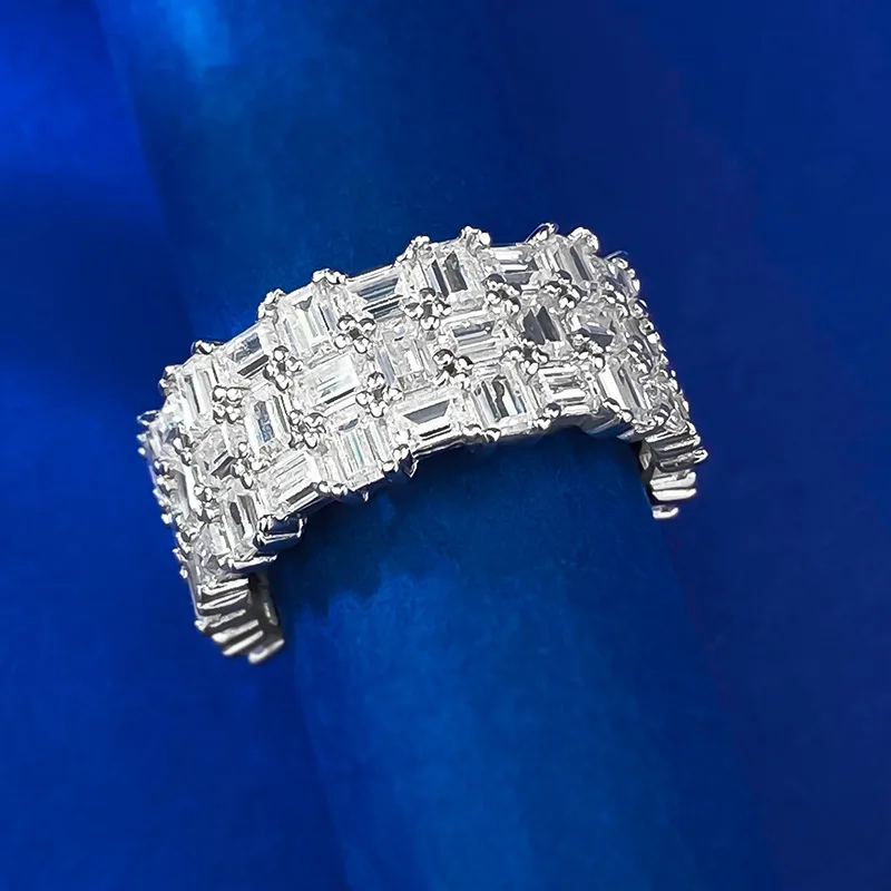 High grade diamond rectangular zircon fire color treasure ring with feminine temperament and micro diamond zircon ring