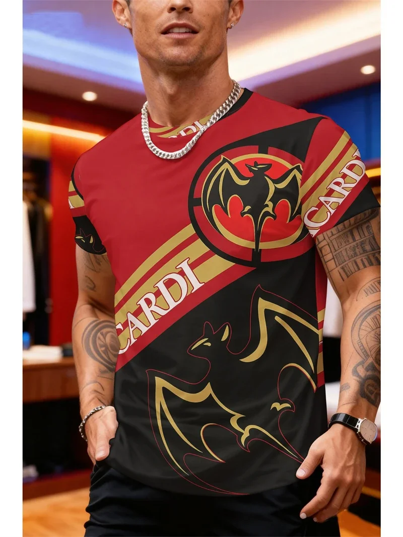 Herren-T-Shirt mit Bacardi-Fledermaus-Logo-Aufdruck, rot-schwarz, Rundhalsausschnitt, kurzärmelig, lässiges Oberteil