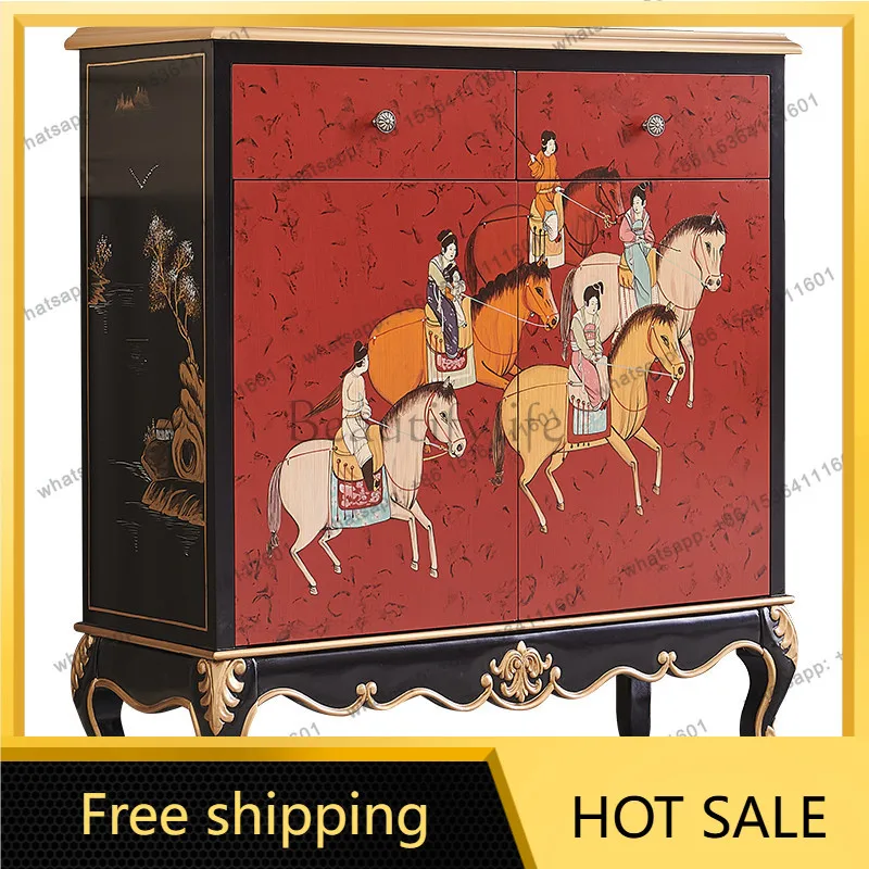 FG 2026 new retro new Chinese painted characters painted gold French oak porch partition decorative cabinet