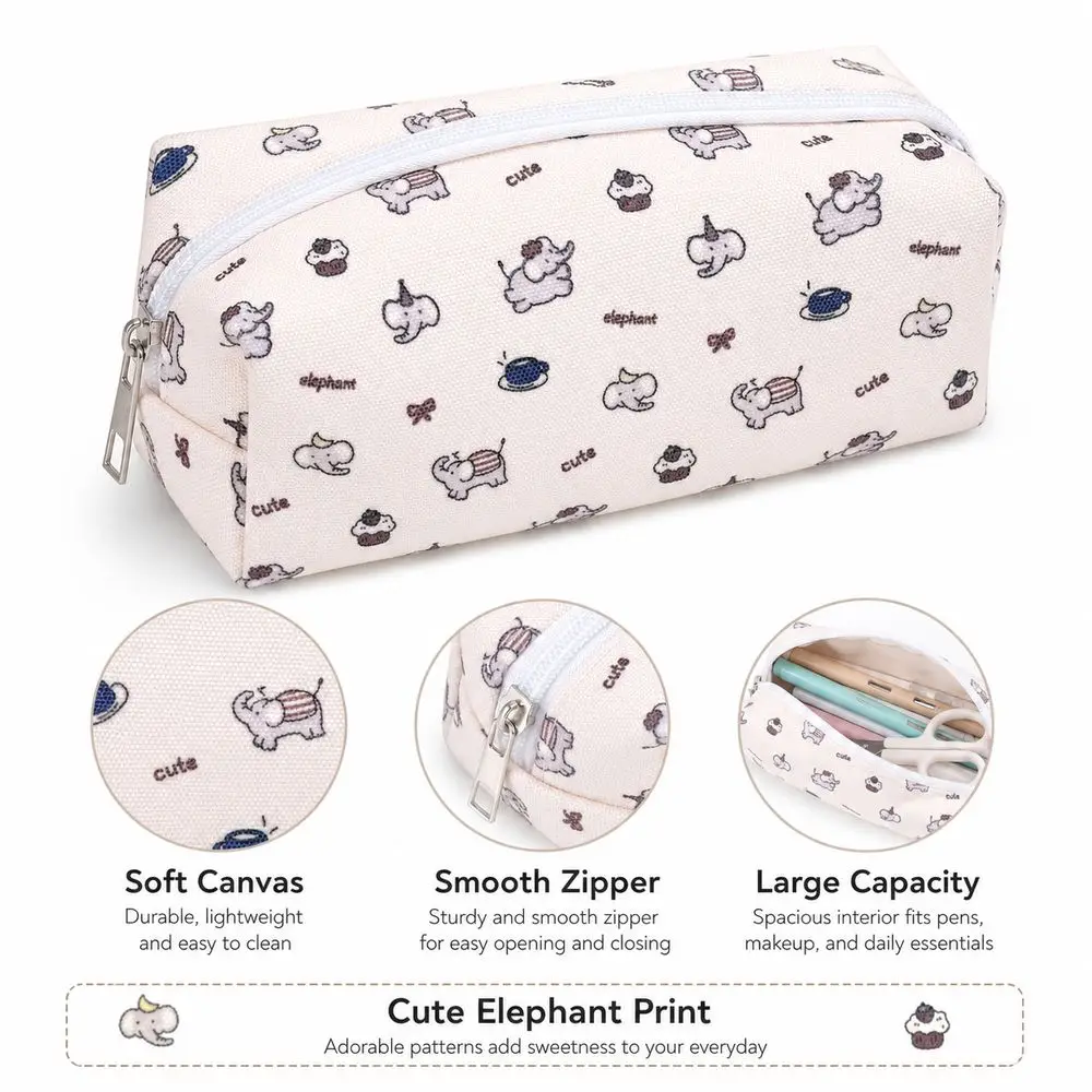 Elephant Print Pencil Case Cake Pattern Rectangular Shape Pen Pouch Soft Sided Zipper Closure Cosmetic Pouch Makeup Storage