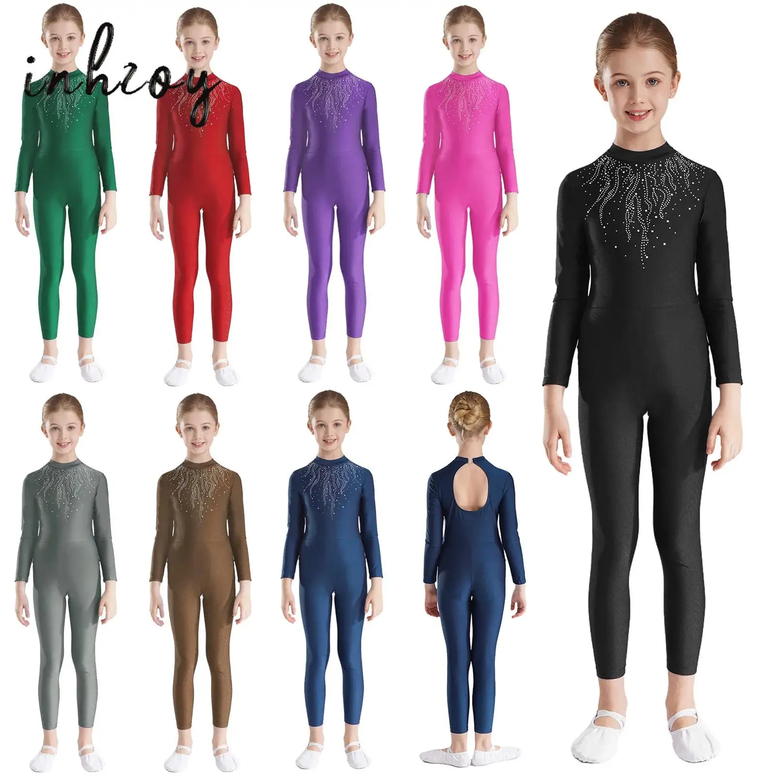 

Kids Girls Jumpsuit Long Sleeve Rhinestones Bodysuit for Figure Skating Dance Rhythmic Gymnastics Performance Ballet Dancewear