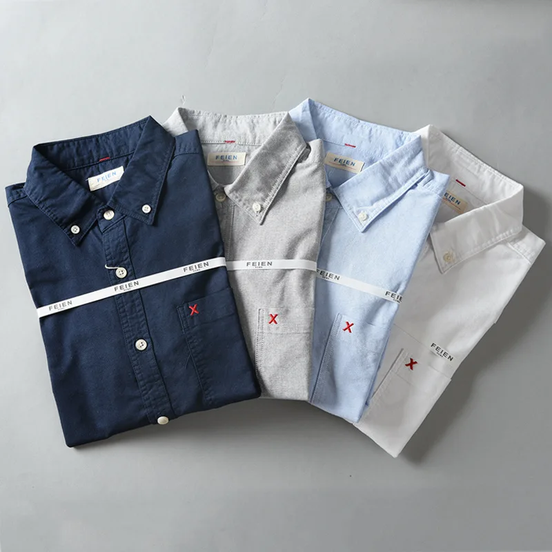 Spring Oxford Shirt Men's Long Sleeve Japanese Retro Cotton Men's Shirt Elbow Patchwork Casual Shirt Men