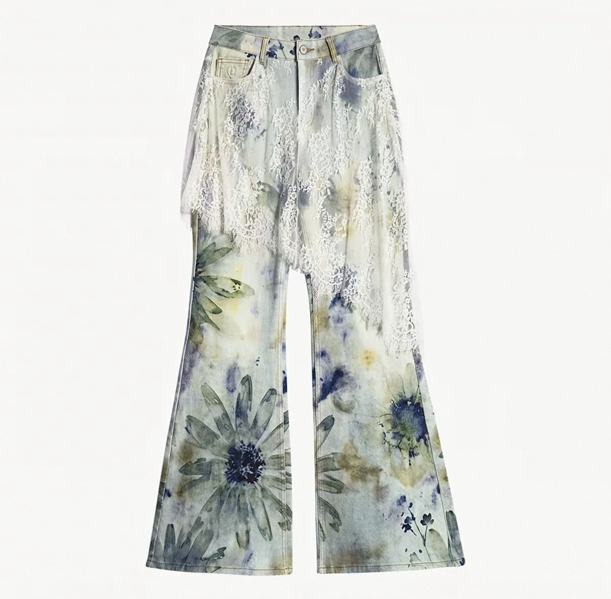 Foreign Trade Spain Original European and American style Women's Jeans Embroidered Printed Patchwork Wide Leg Pants