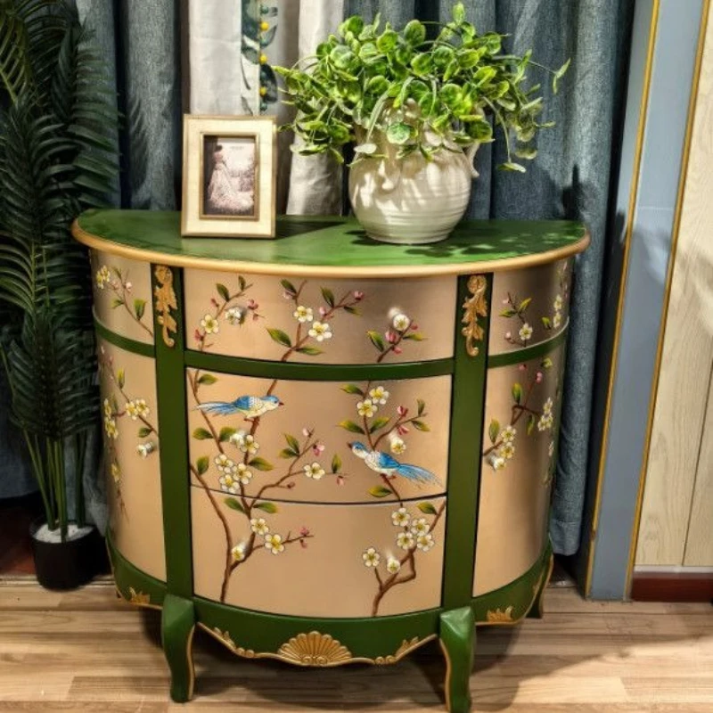 French vintage painted solid wood semi-circular entryway cabinet, living room storage and decoration cabinet