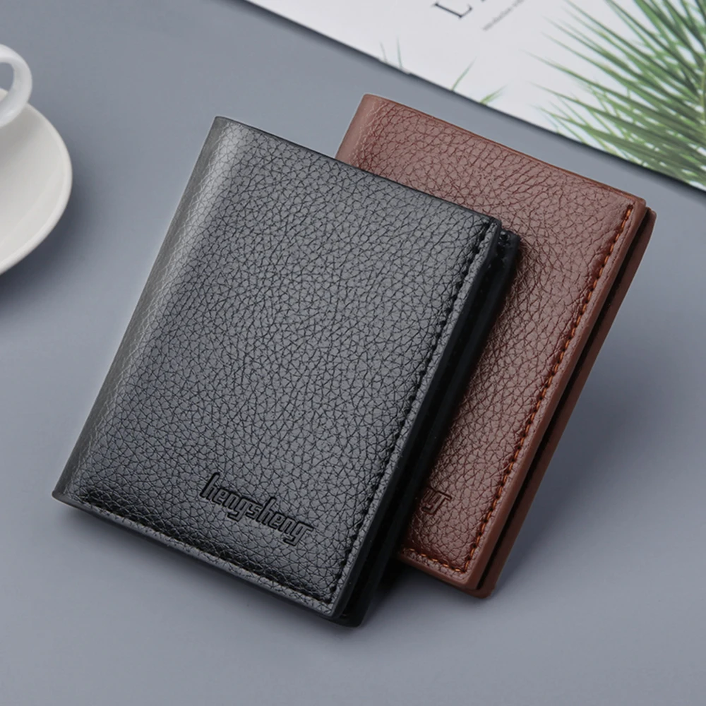 Men'S Wallet Lychee Pattern Short Ultra-Thin Cowhide Business Wallet Simple Casual Leather Card Holder Coin Purse Money Bag